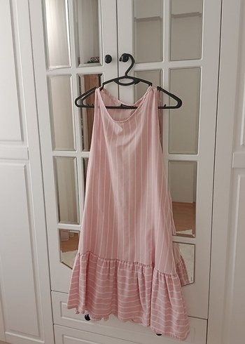 Pembe Çizgili Keten Midi Elbise