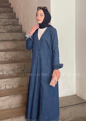 Lacivert Uzun Salaş Kot Elbise - Görsel 2