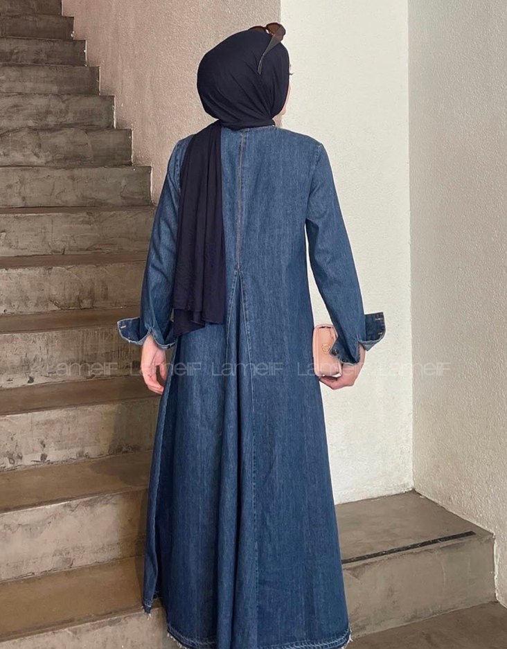 Lacivert Uzun Salaş Kot Elbise - Görsel 4