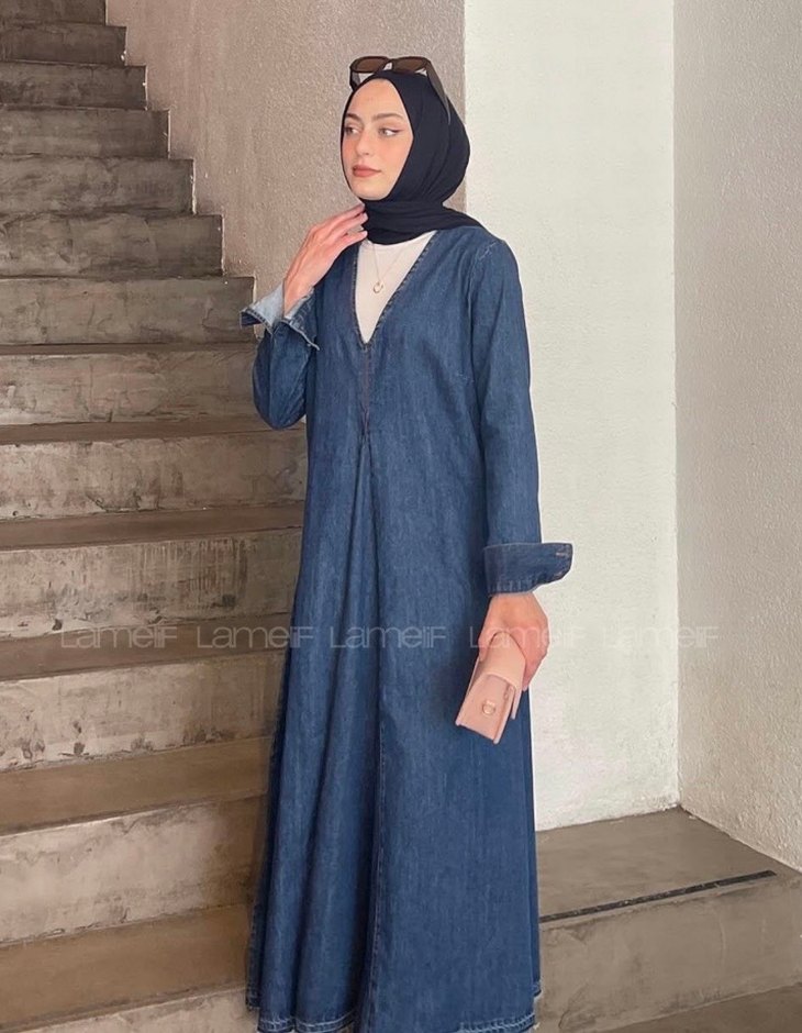 Lacivert Uzun Salaş Kot Elbise - Görsel 2