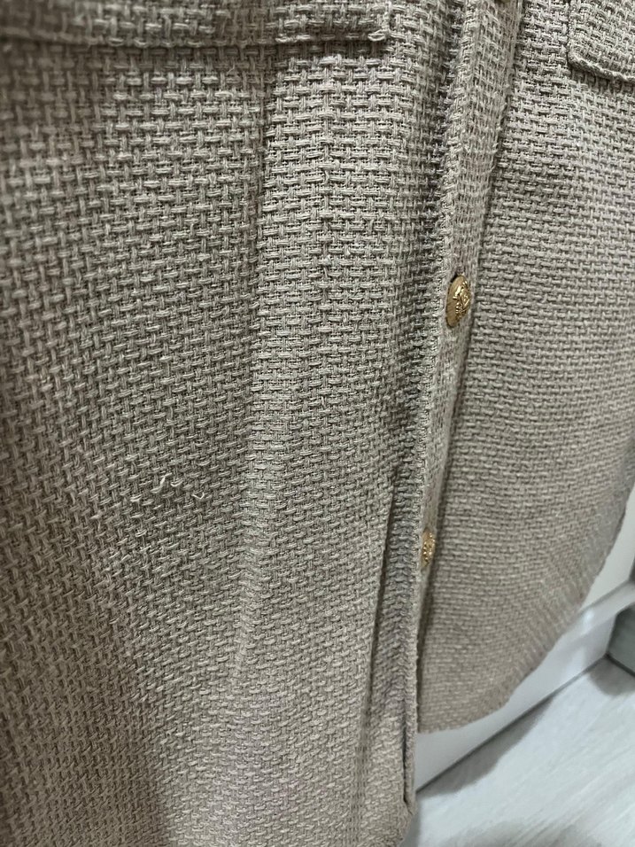 Bej Düğmeli Kadın Keten Ceket - Görsel 4