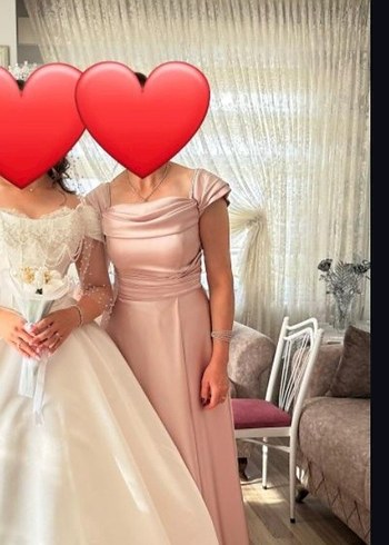 38 Beden Pudra Pembe Drapeli Uzun Abiye Elbise
