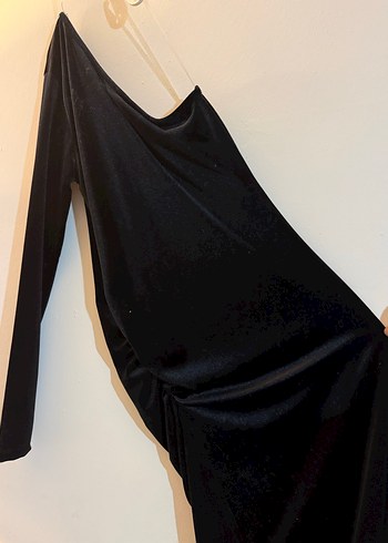 Uzun Kollu Drapeli Siyah Straplez Elbise - Görsel 4