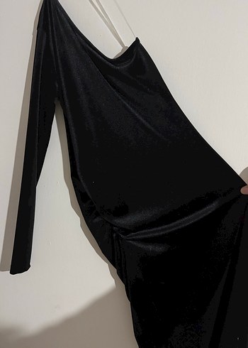 Uzun Kollu Drapeli Siyah Straplez Elbise - Görsel 5