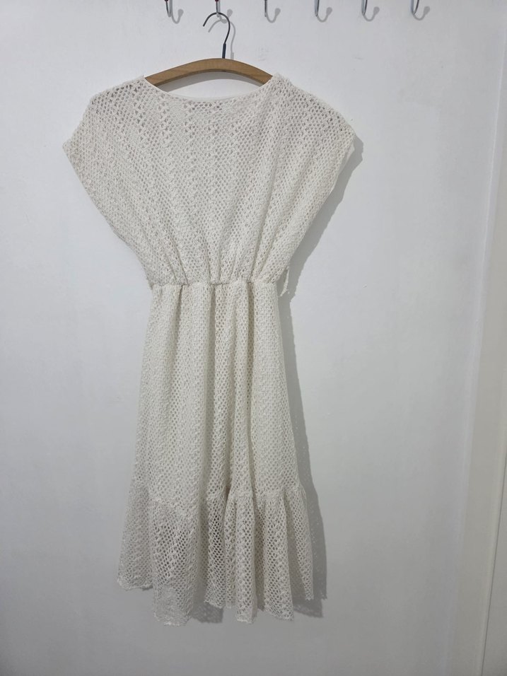 Dantel Detaylı Beyaz Keten Midi Elbise - Görsel 2