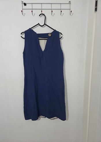 Mavi Bej Asimetrik Keten Midi Elbise - Görsel 2