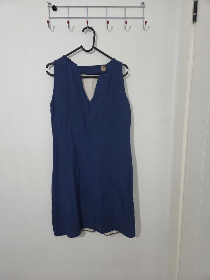 Mavi Bej Asimetrik Keten Midi Elbise - Görsel 2