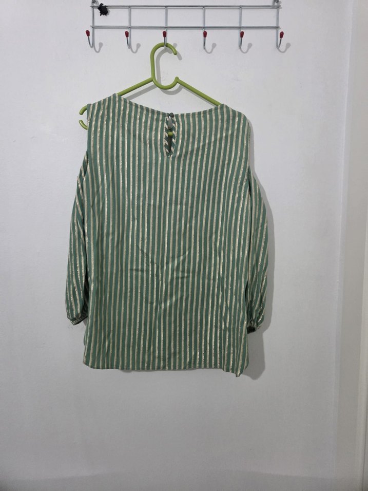 Yeşil Çizgili Uzun Kollu Kadın Bluz - Görsel 2
