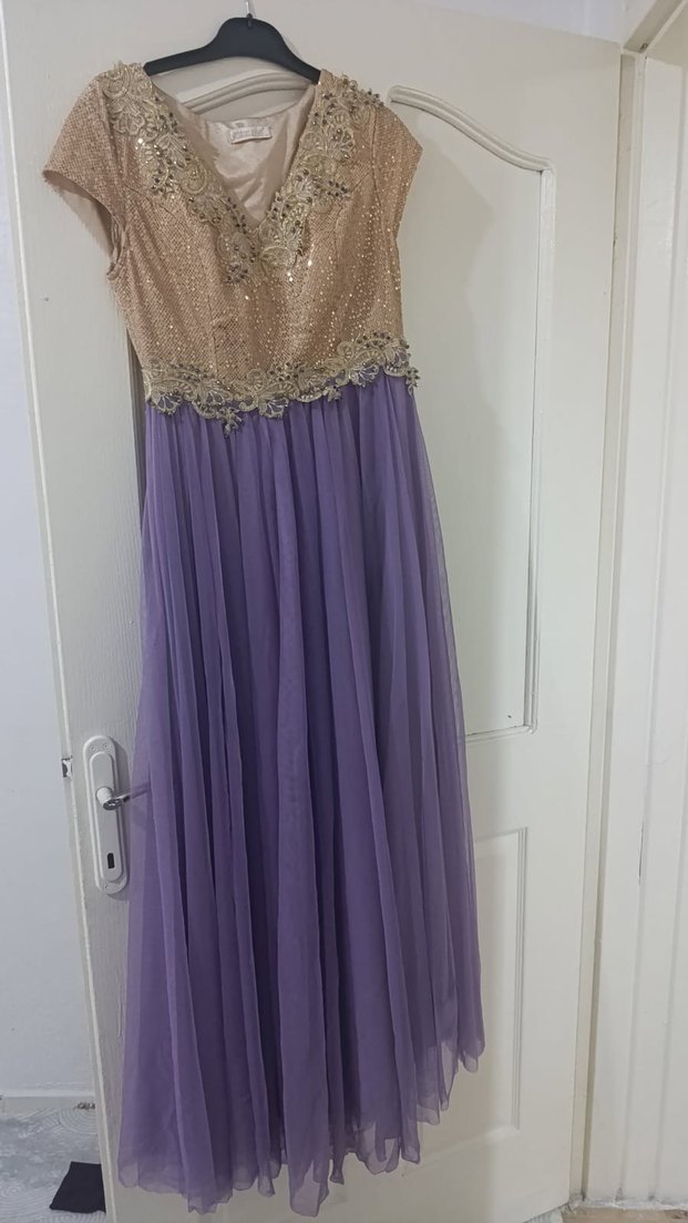 Mor Uzun Abiye Elbise Nakışlı Drapeli - Görsel 2