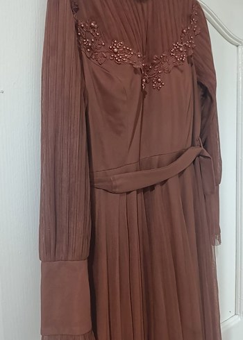 Kahverengi Uzun Kollu Vintage Abiye Elbise - Görsel 3