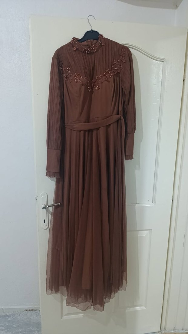 Kahverengi Uzun Kollu Vintage Abiye Elbise - Görsel 2