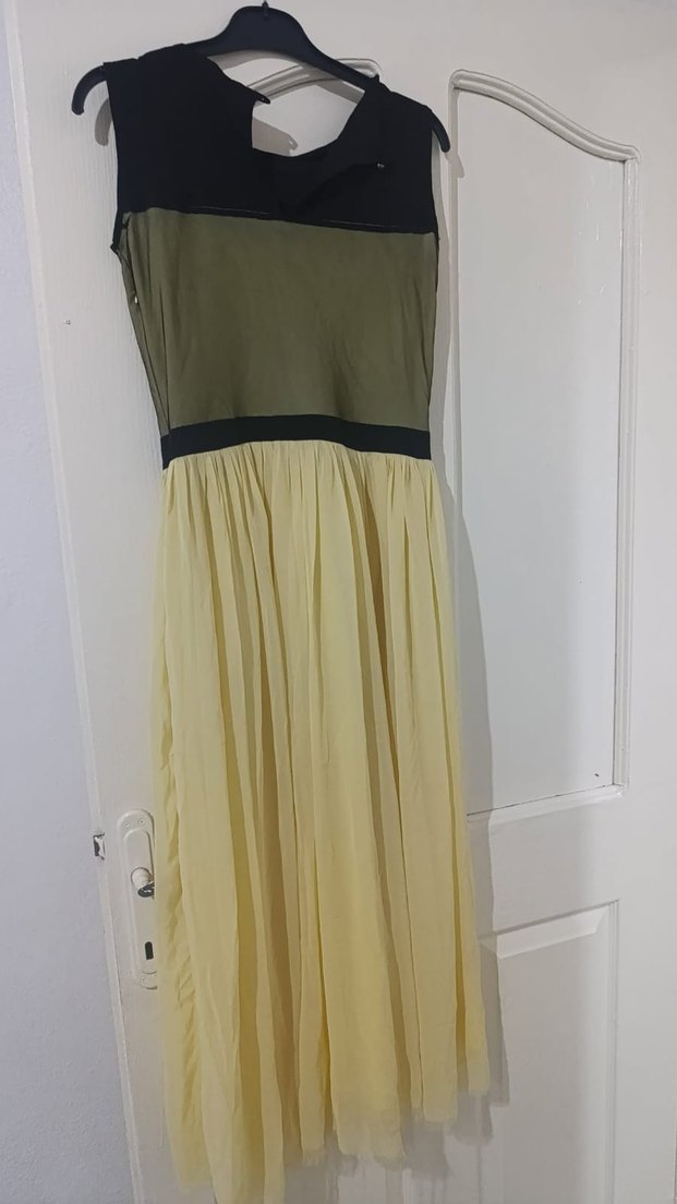 Nakışlı, Pileli, Uzun Sarı Abiye Elbise - Görsel 2