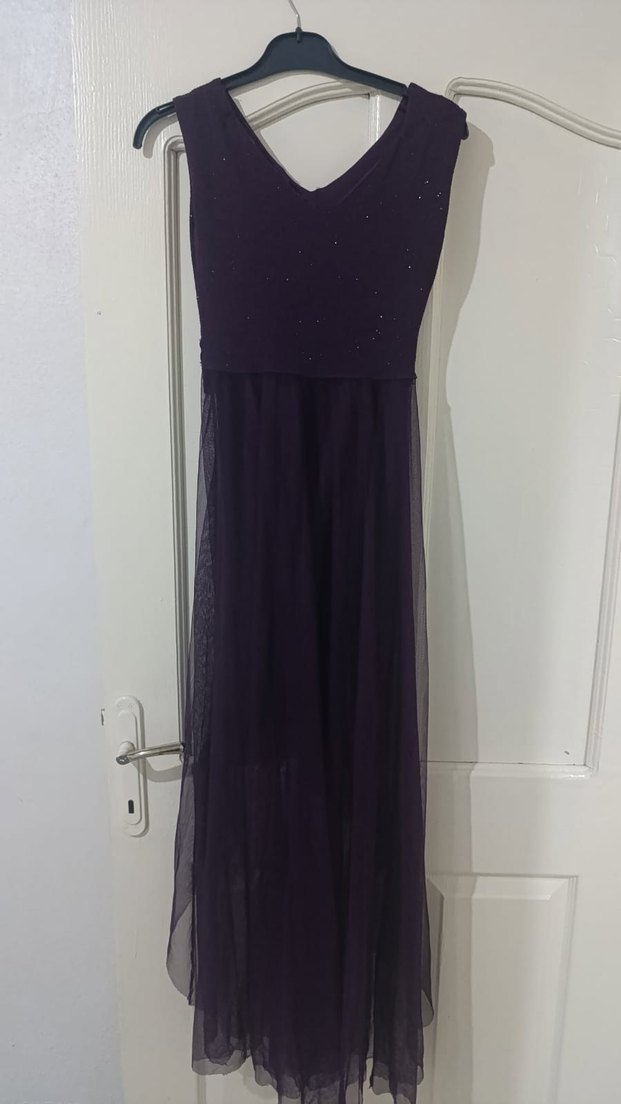 Uzun Mor V Yaka Gotik Abiye Elbise - Görsel 2