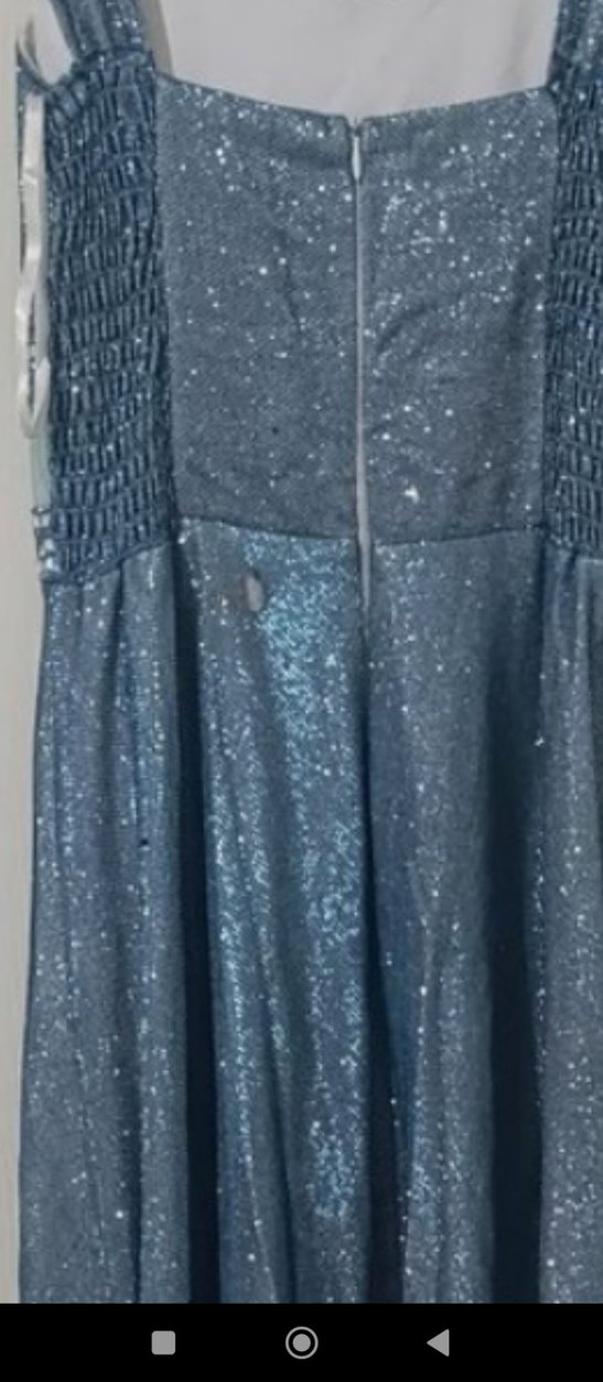 Mavi Uzun Abiye Elbise, Drapeli, Kolsuz - Görsel 4