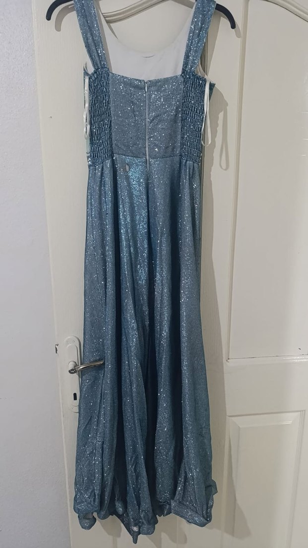 Mavi Uzun Abiye Elbise, Drapeli, Kolsuz - Görsel 2