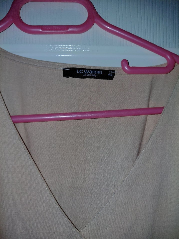 Bej Keten V Yaka Uzun Hamile Elbisesi - Görsel 2