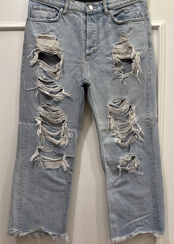 Gevşek Kesim Yırtık Mavi Denim Kadın Pantolon