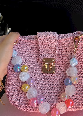 Pembe Örgü Boncuk Saplı Kadın Çanta