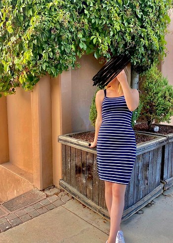 Lacivert Çizgili Strappy Midi Elbise