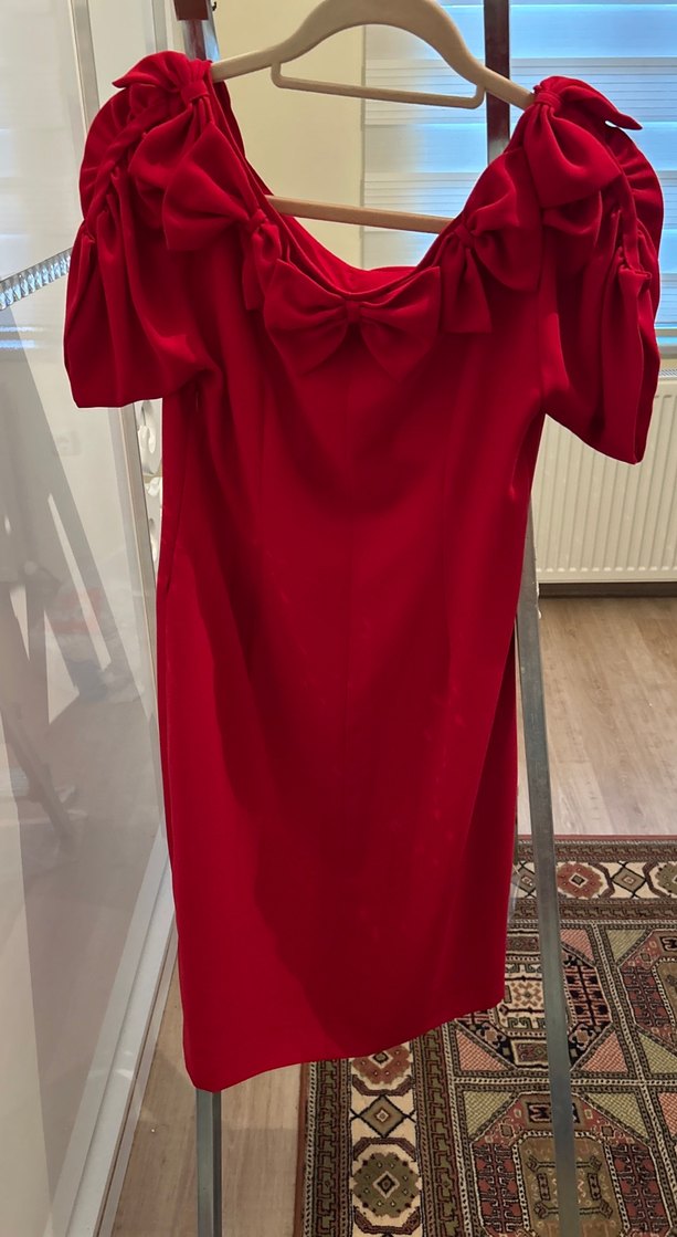 Kırmızı Drapeli Midi Abiye Elbise - Görsel 2
