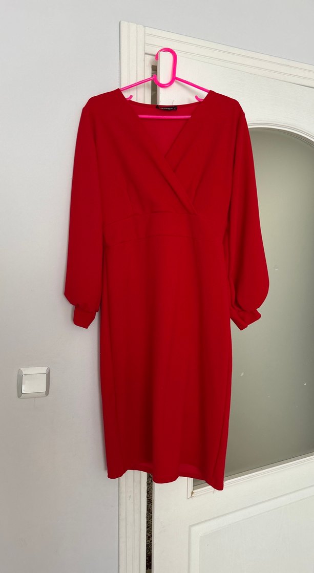 Kırmızı Midi Kalem Elbise V Yakalı - Görsel 2