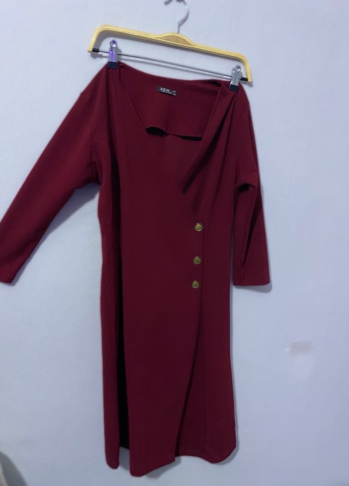 Bordo Düğmeli V Yaka yarım kollu  Elbise - Görsel 2