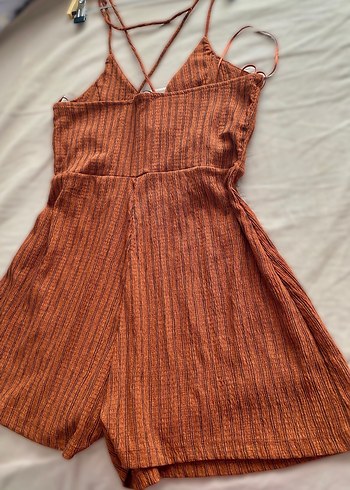 Kahverengi Keten V Yakalı sortlu Tulum - Görsel 3