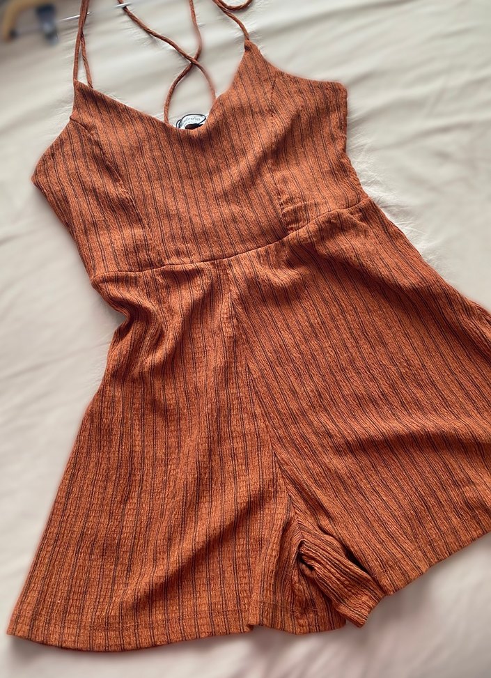 Kahverengi Keten V Yakalı sortlu Tulum - Görsel 2