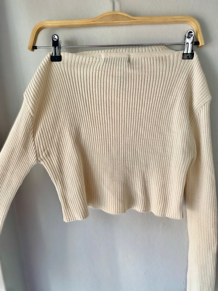 Bej Kadın kısa Triko Kazak Uzun Kollu - Görsel 2