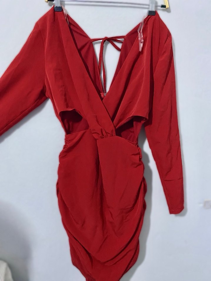 Kırmızı V Yakalı dekolteli kısa Abiye Elbise - Görsel 2