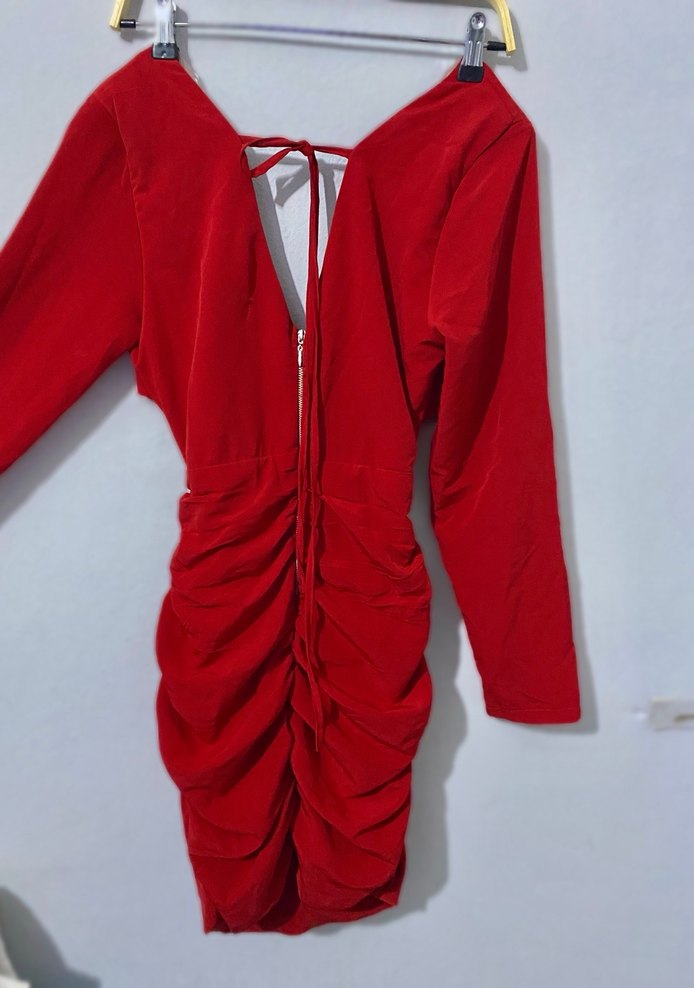 Kırmızı V Yakalı dekolteli kısa Abiye Elbise - Görsel 3