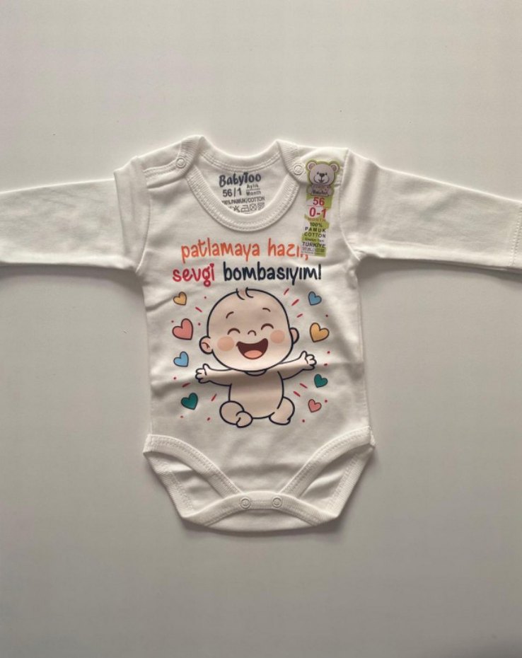 Baskılı Beyaz Uzun Kollu Bebek Zıbın - Görsel 2