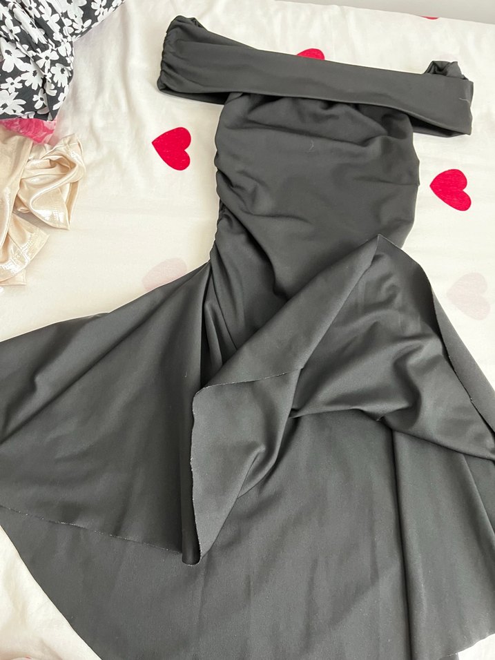 Siyah Straplez Drapeli Midi Elbise - Görsel 2