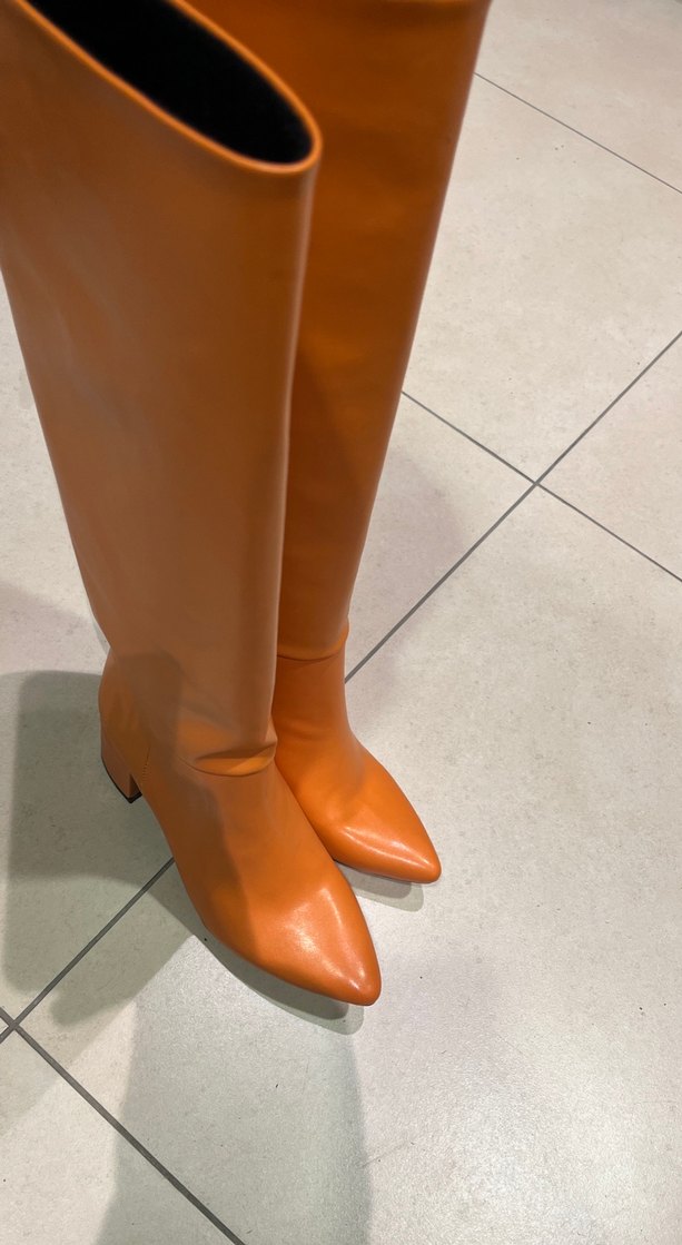 Bej Kadın İnce Topuklu Deri Diz Boyu Çizme - Görsel 5