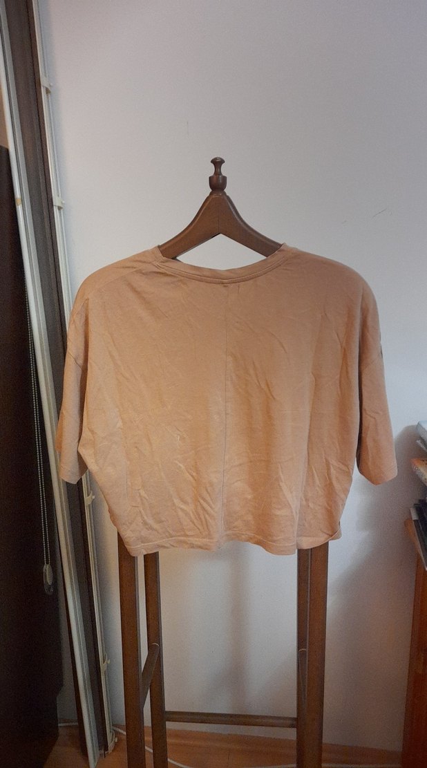 Bej Kısa Kollu Kadın Keten Tişört - Görsel 2