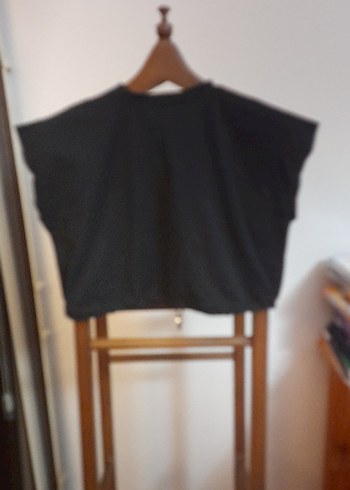 Siyah Kısa Kollu Keten Crop Top - Görsel 2