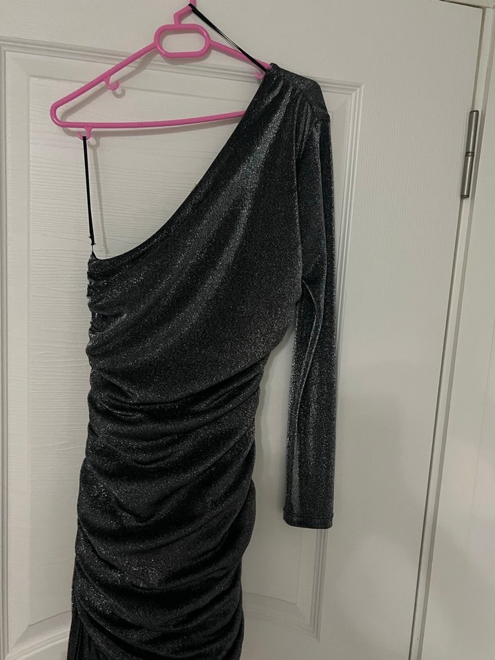 Gri Drapeli Straplez Mini Elbise - Görsel 4