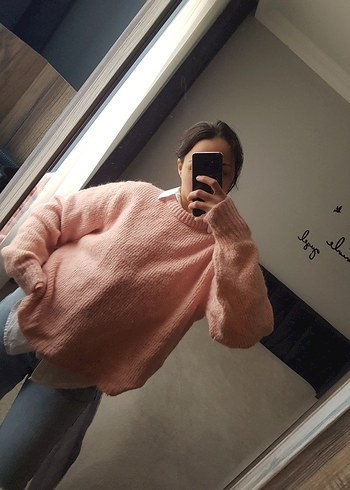 s Beden pembe Renk Pembe Örgü Boğazlı Kadın Kazak