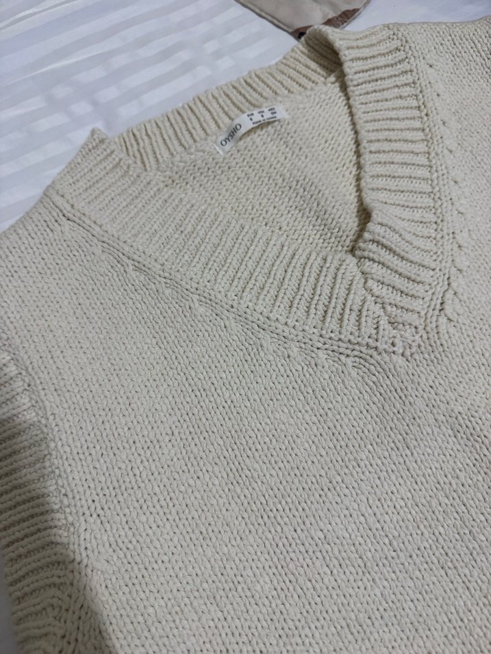 V Yaka Bej Örme Kadın Süveter - Görsel 4