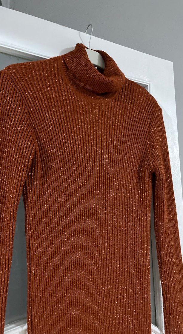 Kiremit rengi Balıkçı Yaka Uzun Triko Elbise - Görsel 2