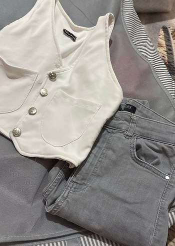 LC Waikiki Gri Düğmeli Kadın Denim Pantolon ve yelek