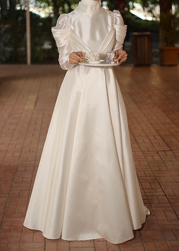 Uzun Kollu Beyaz A Kesim Düğün/Nişan Elbisesi - Görsel 2