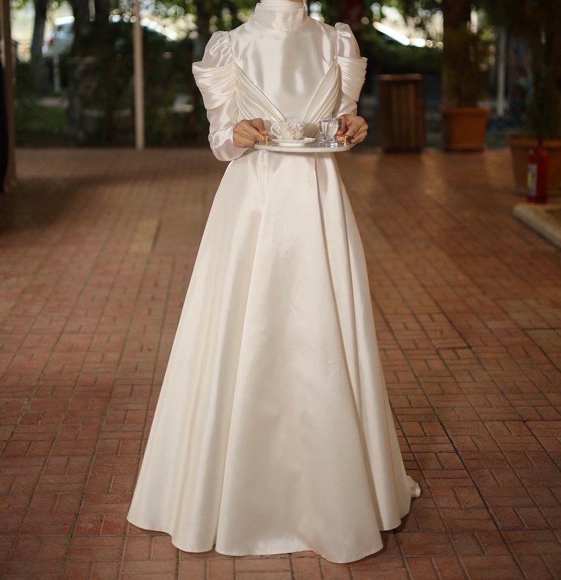 Uzun Kollu Beyaz A Kesim Düğün/Nişan Elbisesi - Görsel 2