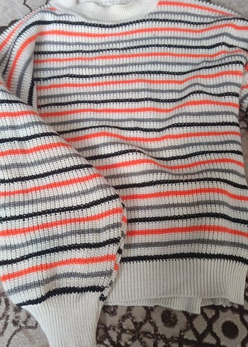Çizgili Gri Kadın Triko Kazak - Görsel 2