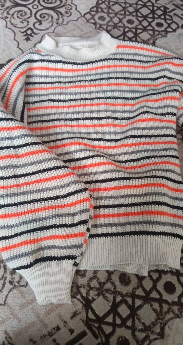 Çizgili Gri Kadın Triko Kazak - Görsel 2