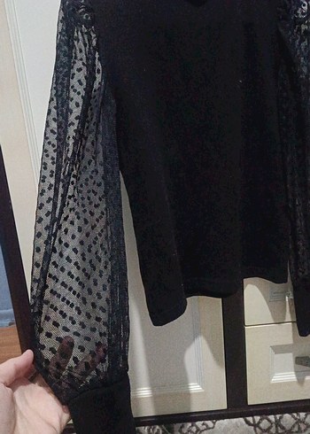 Siyah Dantel Kollu Boğazlı Kadın Bluz - Görsel 2