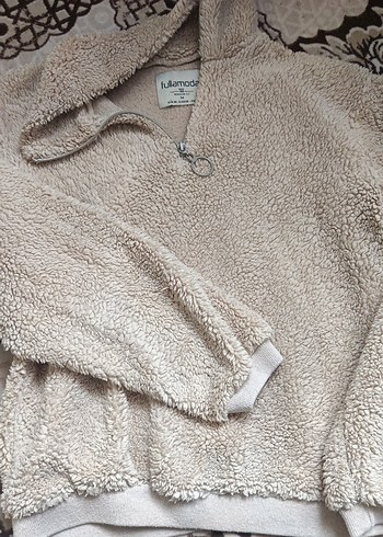 Bej Kadın Peluş Sweatshirt Kapüşonlu - Görsel 2