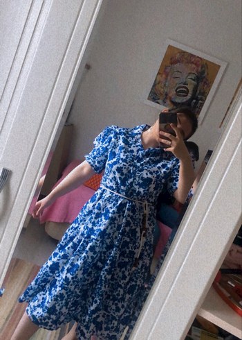 m Beden Mavi Batik Desenli Bohem Uzun Elbise