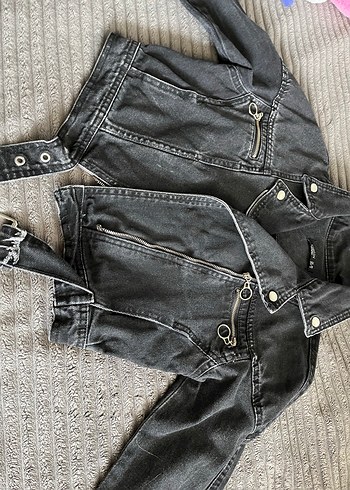 36 Beden siyah Renk Tokalı Siyah Kadın Denim Ceket