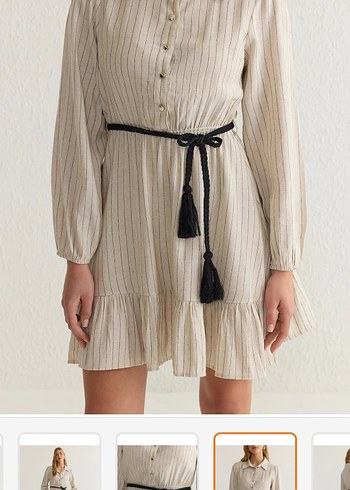 Bej Çizgili Kemerli Mini Bohem Elbise - Görsel 2